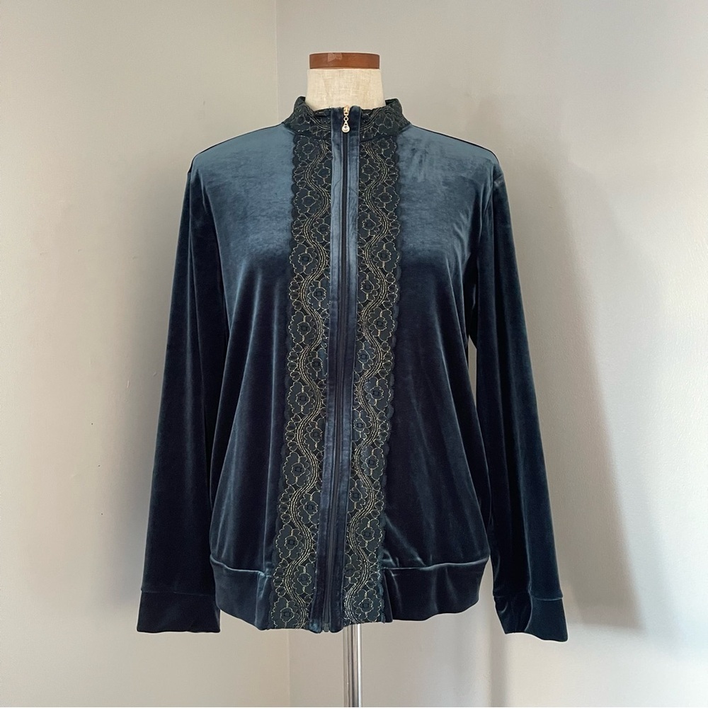 Vintage Jaclyn Smith Dark Teal Velour Zip up top size Large preowned fairycore